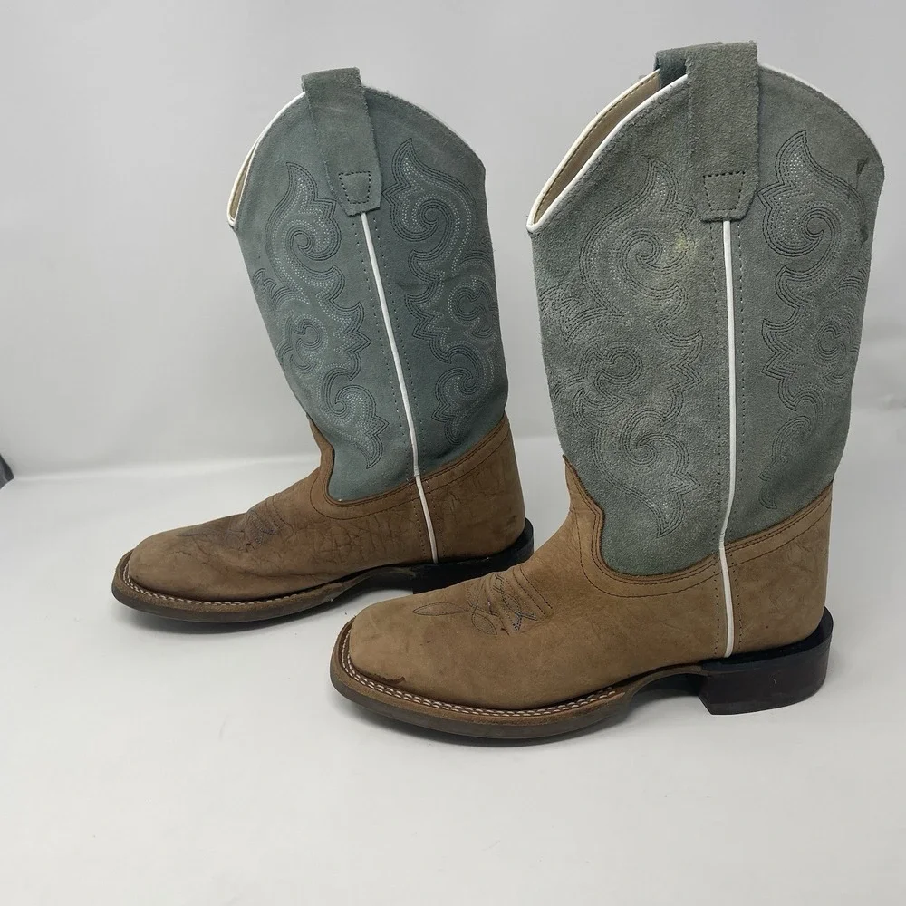 Old West Kids Leather Western Cowboy Boots Blue Suede Shaft Size 4.0 D BSY1944